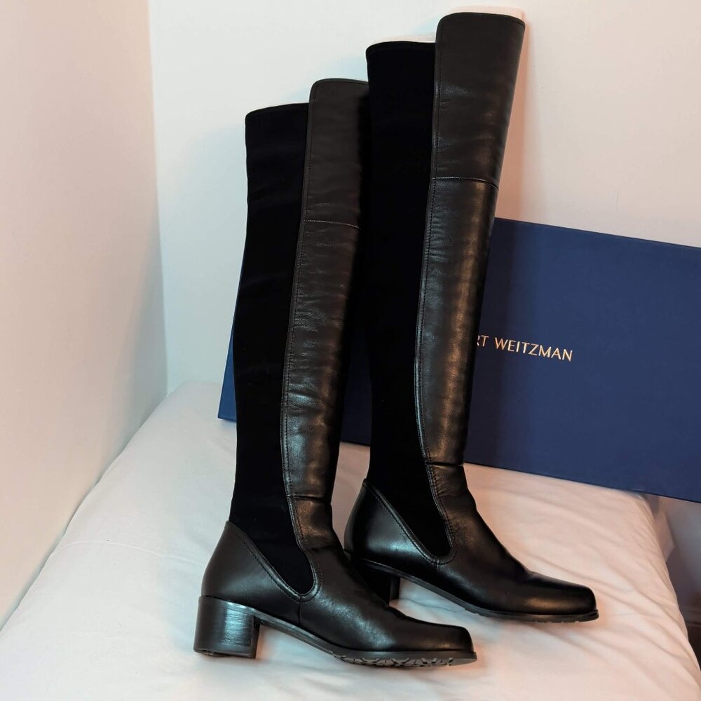 Stuart Weitzman Lynelle Black Leather and Neoprene Over-The-Knee Boots - Picture 7 of 11